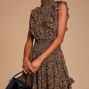 Lulus Evalina Yellow Floral Mock Neck Midi Dress S